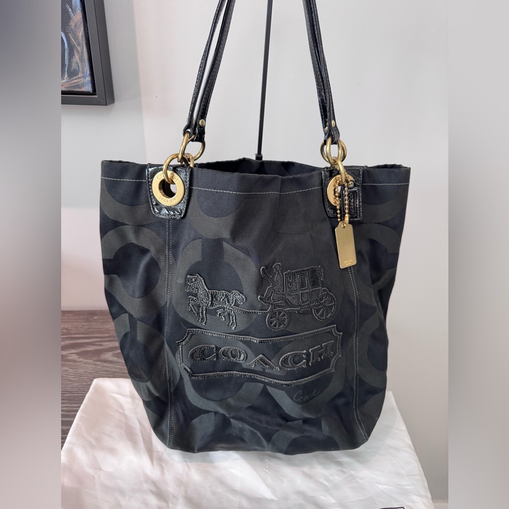 Coach Madison Rare Vintage Black Large Signature Op Art Tote Satchel Bag #13001